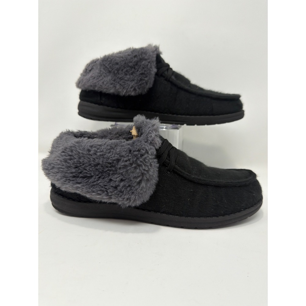 Womens Black Moccasin‎ Boots Faux Fur Lined Cozy Slippers Size 8.5